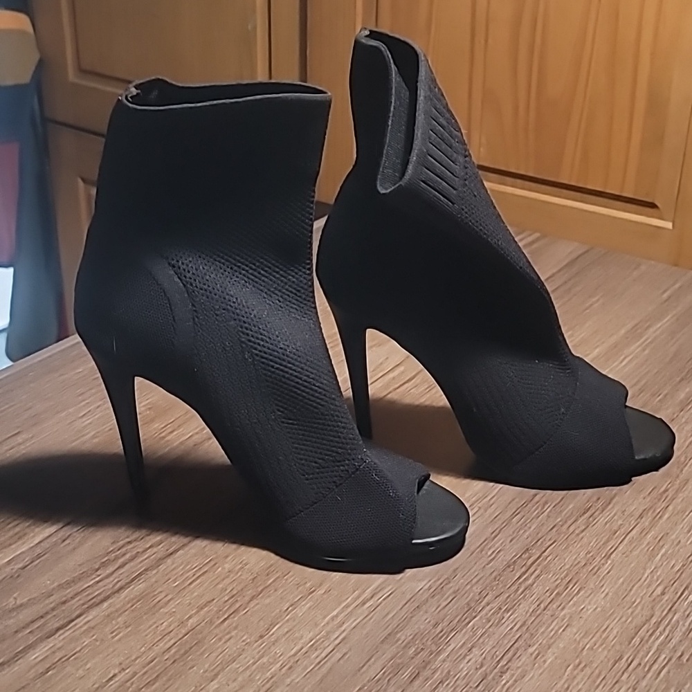 "CALL IT SPRING" VEGAN black open toe, high heel ankle boot. Size 9